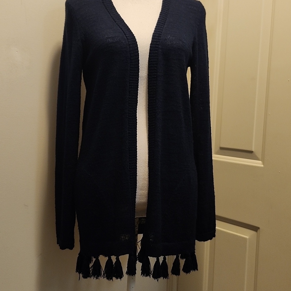 Lilly Pulitzer Open Front Cardigan Fringe Light Weight Navy